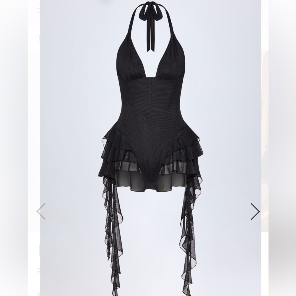 Oh Polly Kristena Ruffled Halterneck Bodysuit Dress in Black